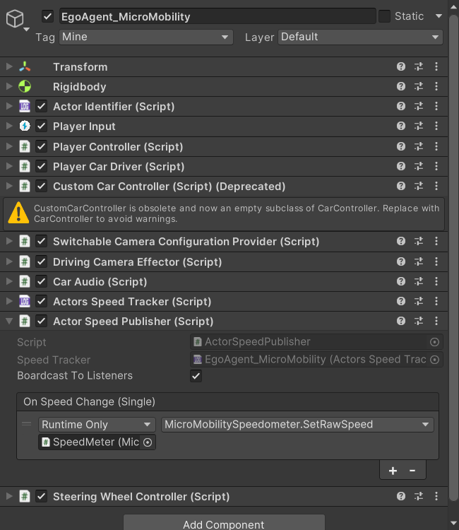 ActorSpeedPublisher in the Inspector with the Speed Tracker field, the broadcast checkbox, and an On Speed Change listener calling SetRawSpeed