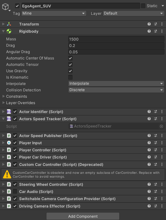 ActorsSpeedTracker component on the participant's vehicle in the Inspector