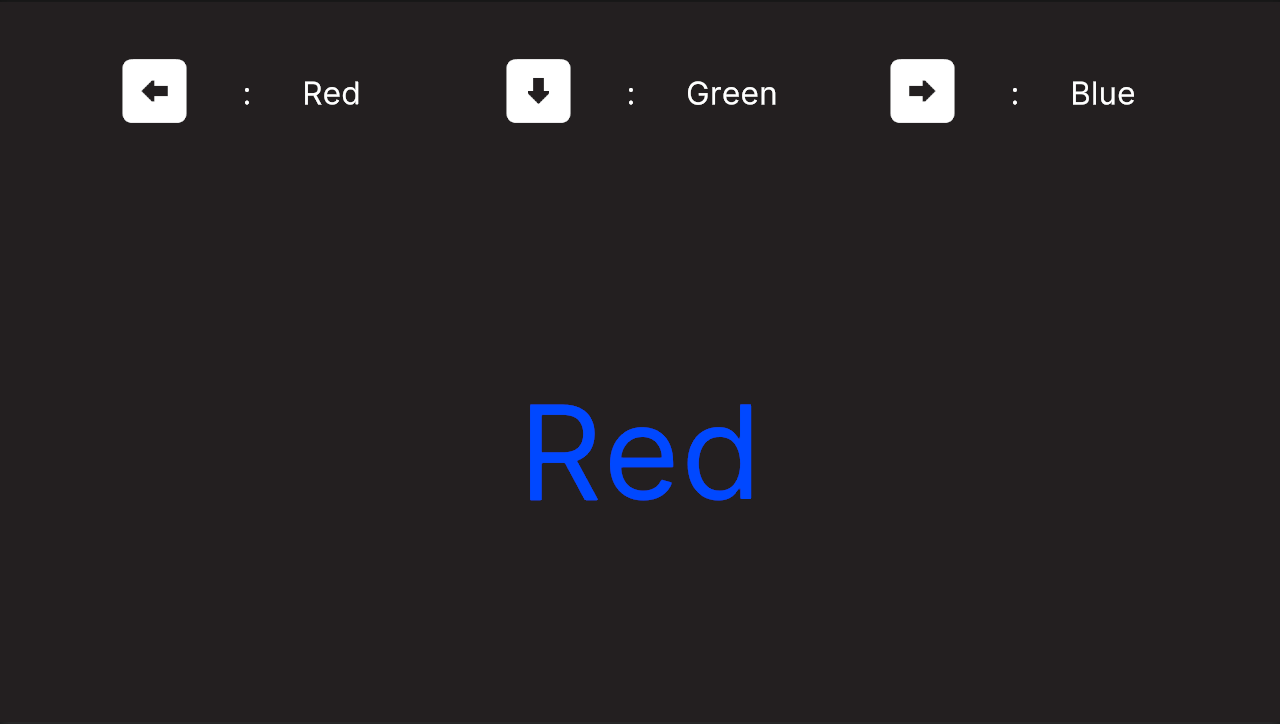 Stroop Test Demo in the Game view showing a stimulus and the three response prompts