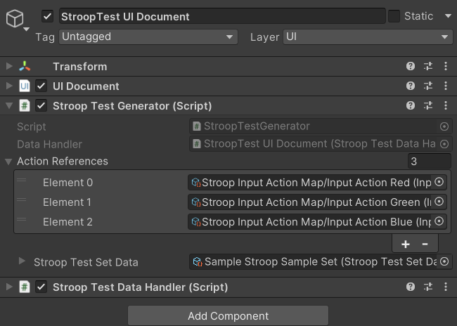 StroopTest UI Document Inspector showing the generator's sample set, input actions, and data-handler reference