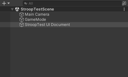 Image of StroopTest UI Document selected in the Hierarchy