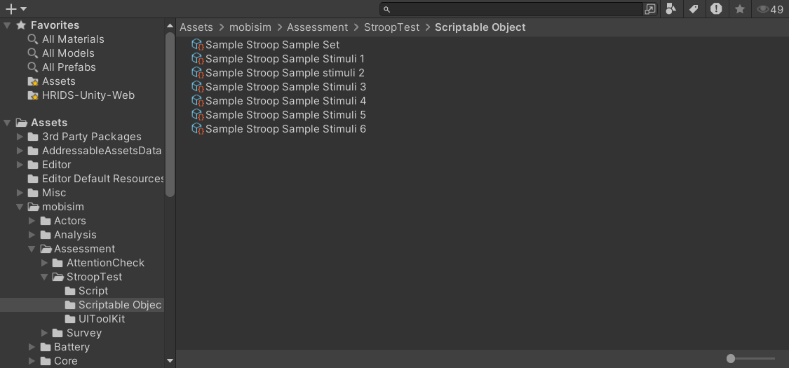 Stroop Test ScriptableObjects in Project window