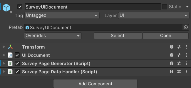 Image of a survey page generator with a survey page data handler component attached to the same GameObject
