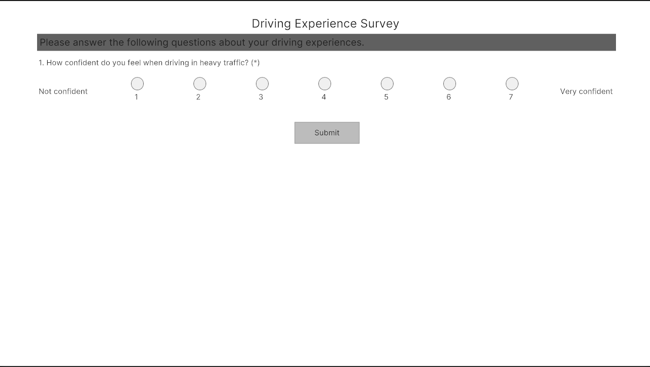 The survey page's current progress (with header, subheader, Q1)