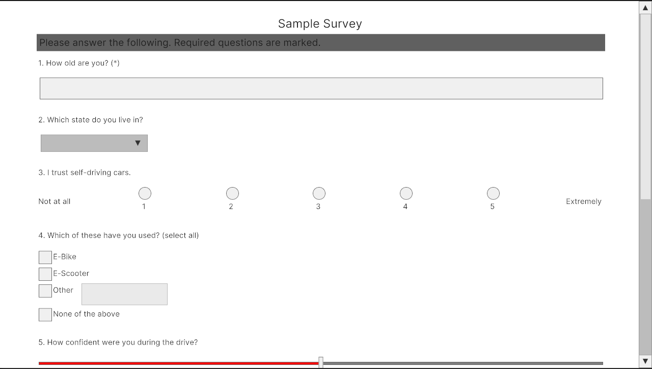 Survey Assessment Demo in the Game view showing the sample questionnaire and its answer controls