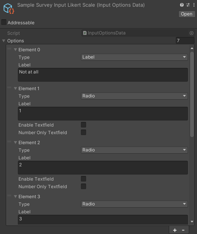 Survey Input Option Data element inspector