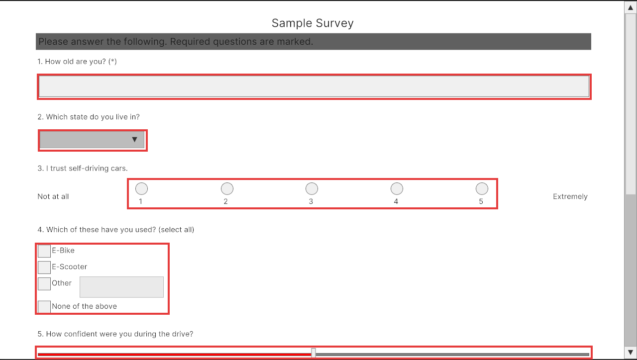 Image of example survey page with inputs highlighted