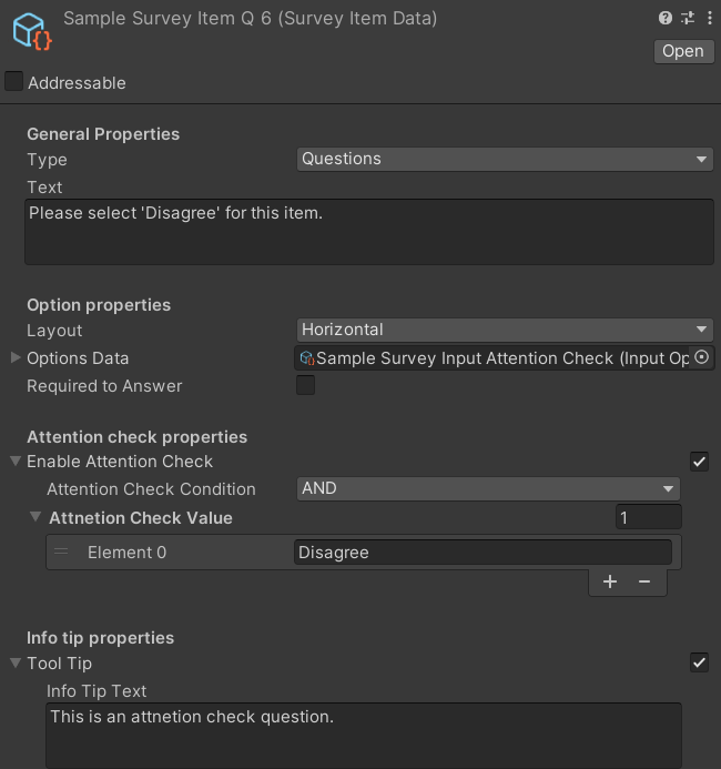 Example of Configured Attention Check Settings In Survey Item Data (highlighted with number)