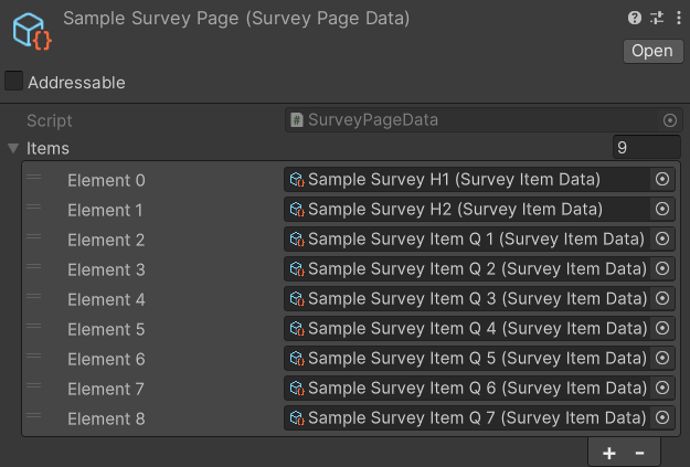 Sample Survey Page Inspector showing the Items list and an expanded question's settings