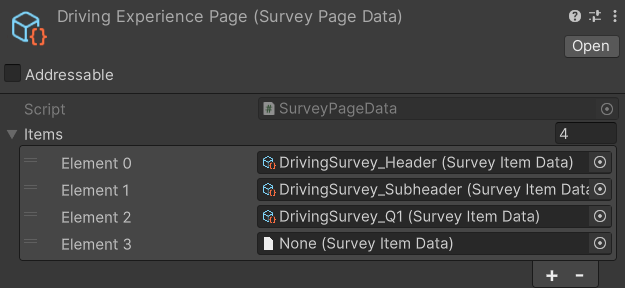 DrivingExperiencePage's items current state (with DrivingSurvey_Q1)