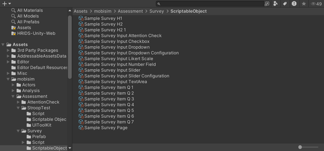 example image of survey scriptable object in Questionnaire folder
