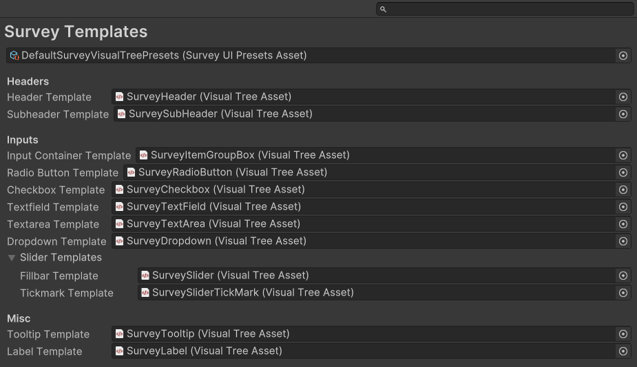 The Survey Templates page in the Project Settings window
