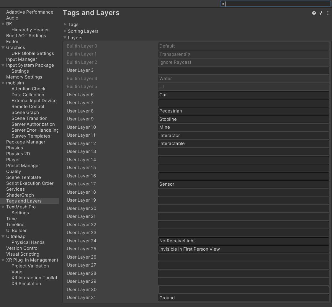 Tags and Layers Project Settings