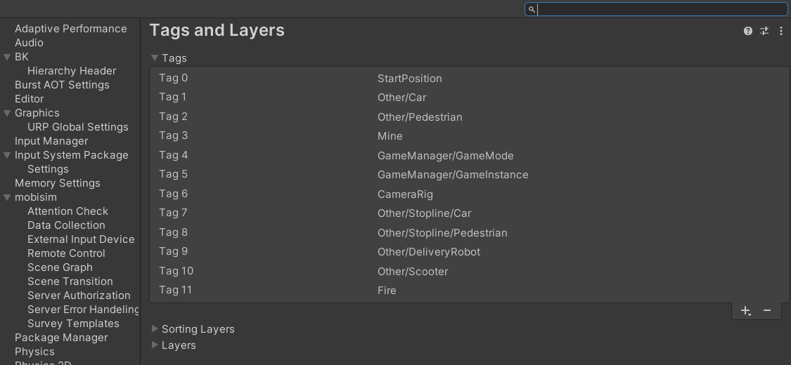 Tags and Layers Project Settings