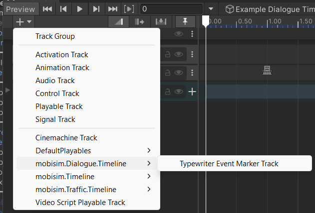 Timeline window with the Add menu open, showing Typewriter Event Marker Track in the list