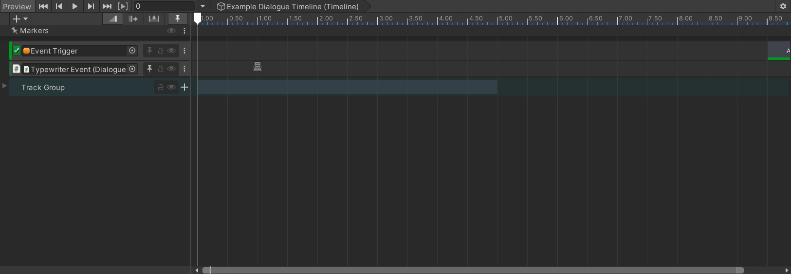 Conversation scene with the Timeline window open, showing the sequence tracks and Typewriter dialogue marker