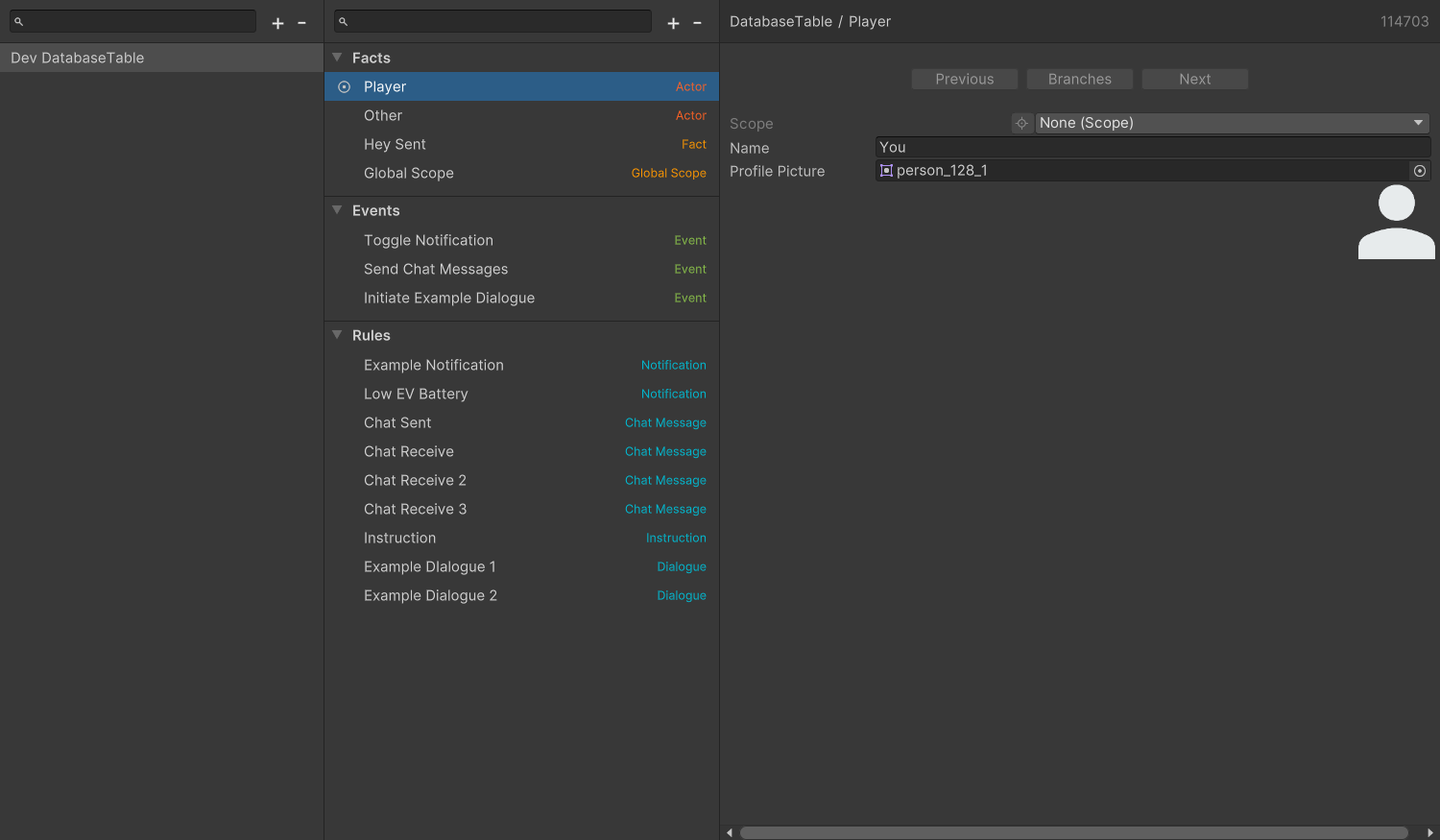 Actor entry selected in the editor, right panel showing the Name and Profile Picture fields filled in