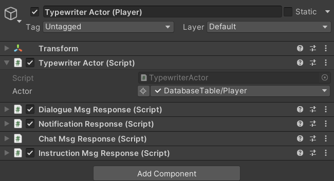 TypewriterActor component in the Inspector with the Actor field assigned to an actor entry from the database