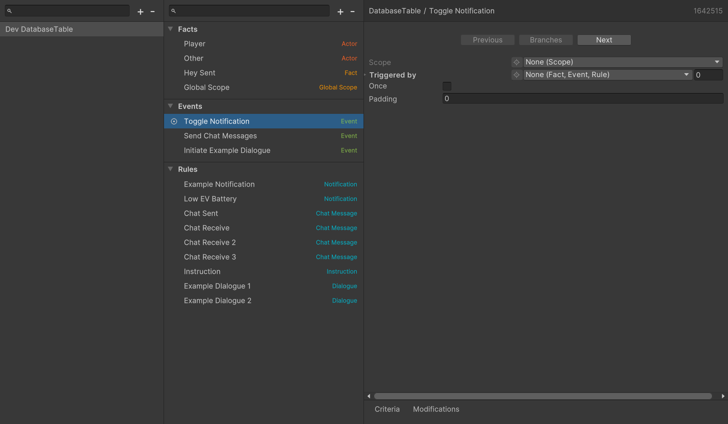 Event entry created in the sidebar, showing a named event with no extra fields in the right panel