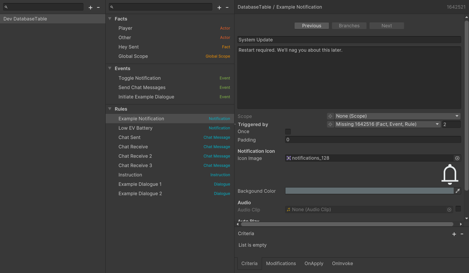 Rule entry inspector showing the Triggered by, Criteria, and Modifications sections with example values filled in