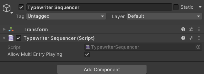 The TypewriterSequencer component in the Unity Inspector, with the Allow Multi Entry Playing checkbox visible