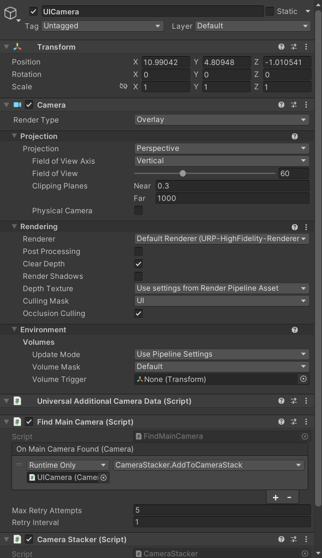 UICamera Inspector showing the Culling Mask set to UI and the FindMainCamera and CameraStacker components