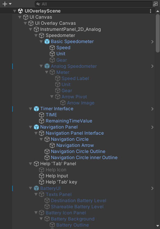 Hierarchy of UIOverlayScene with the UI Canvas, UI Overlay Canvas, MenuPad, and UICamera expanded