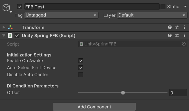 UnitySpringFFB component in the Inspector showing the Initialization Settings and DI Condition Parameters groups