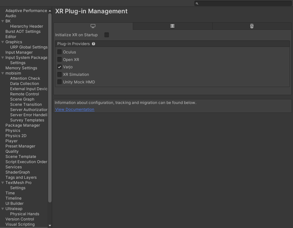Image of XR Plug-in Management section of the Project Settings